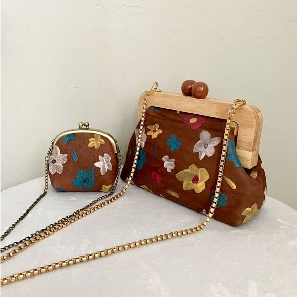 Genuine Leather Hand Painted Floral, Wooden Frame Bag/Crossbody & Small Purse - Picture 11 of 16
